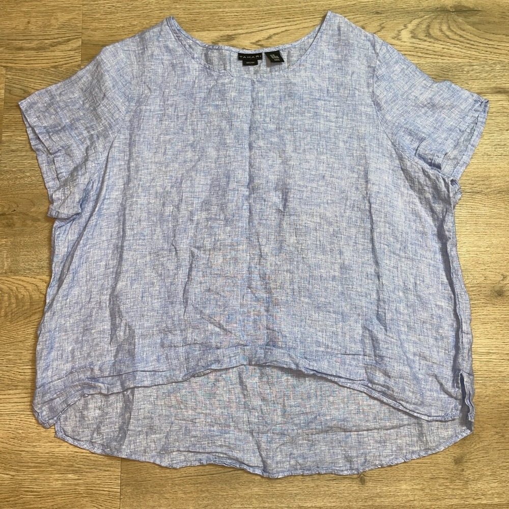 Tahari 100% Linen Top Mens / Womens 2X Blue Short Sleeve High Low Hem Blouse